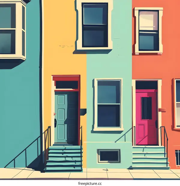 Colorful Row Houses with Doors and Windows