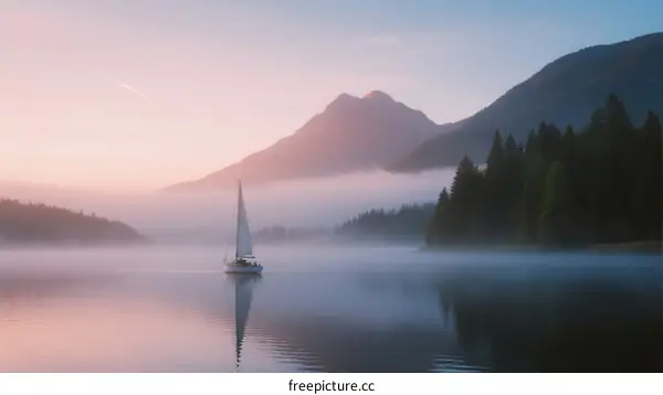 Sailboat on misty lake with mountain backdrop at dawn