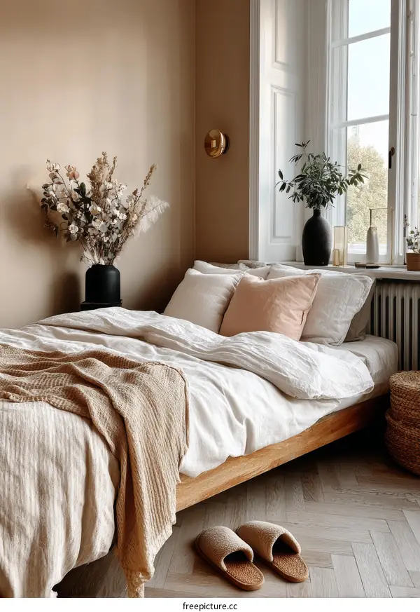 Cozy Beige Bedroom with Natural Light and Linen