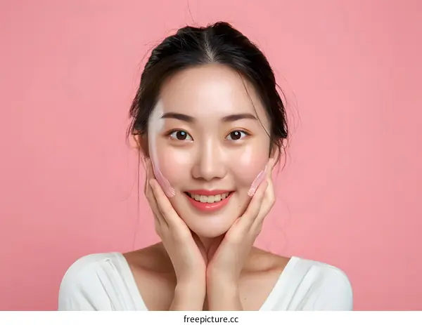 Asian Woman Applying Pink Face Mask On Her Cheeks With A Pink Background