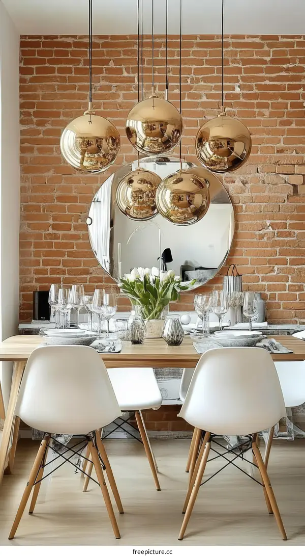 Dining Room with Gold Pendant Lights and White Chairs