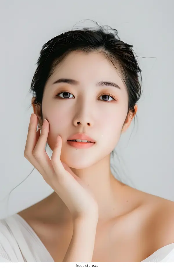 Portrait of a Young Asian Woman with Her Hand on Her Cheek
