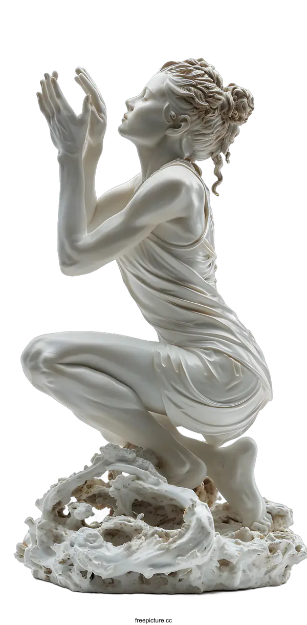 [Transparent Background PNG]White Porcelain Sculpture of a Woman Kneeling on a Wave