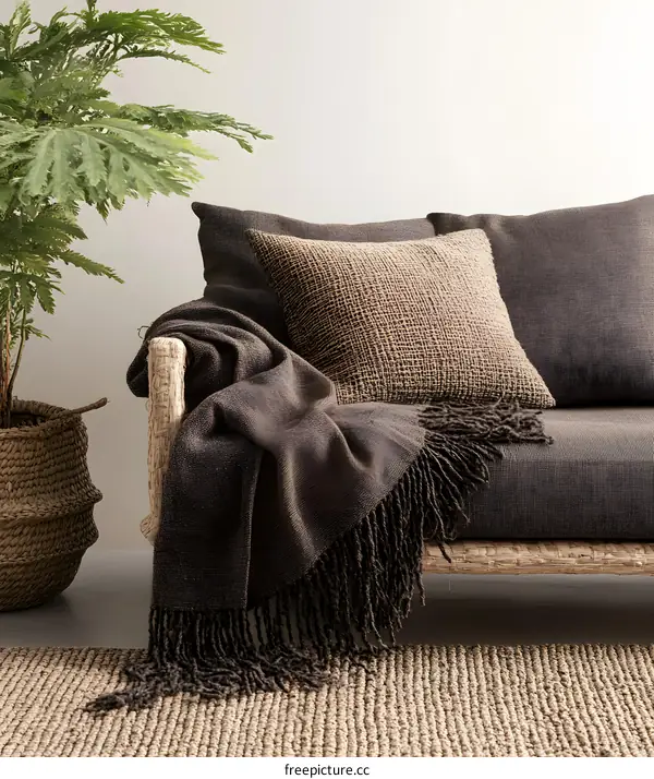 Brown Blanket With Tassels On Couch In Living Room