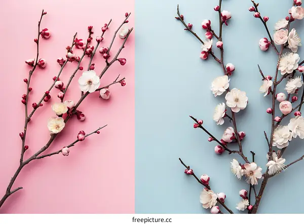 Pink and Blue Background with Spring Flowers