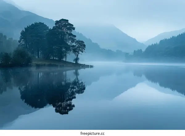 A tranquil morning on the lake with a beautiful reflection of the trees and mountains in the water