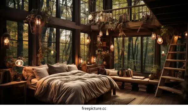Cozy Treehouse Bedroom with Forest Views