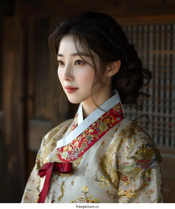 Portrait of a young woman in traditional Korean dress, or Hanbok
