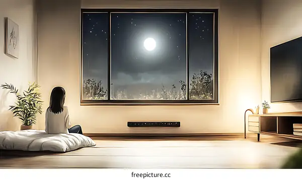 A Girl Sits by the Window at Night