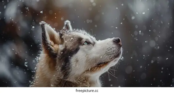 A Siberian Husky Gazes Up at the Falling Snow