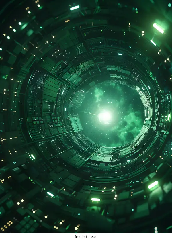 Spaceship Interior with View of Green Nebula