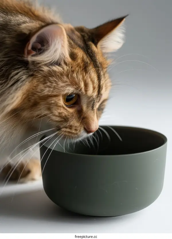 A ginger cat is eating from a green bowl