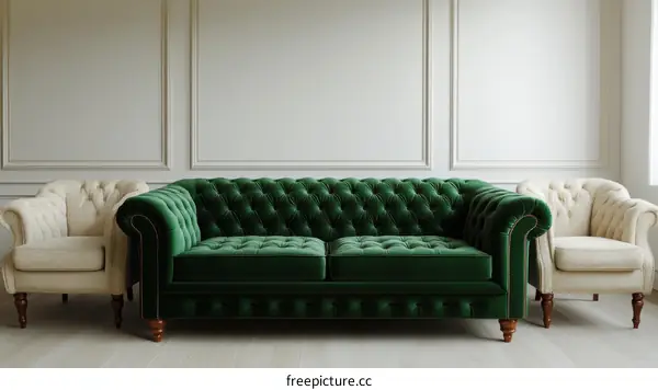 Classic Green Chesterfield Sofa and Armchair Set in Elegant Interior