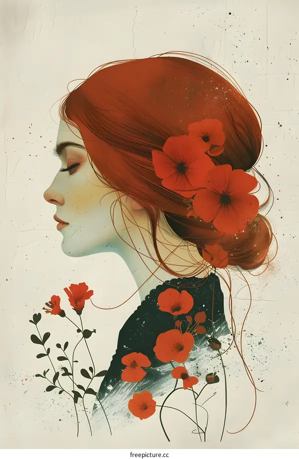 Red Hair Woman with Red Flowers Illustration