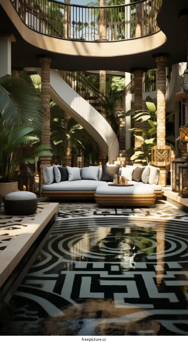 Stunning Mediterranean Courtyard With Spiral Staircase and Pool