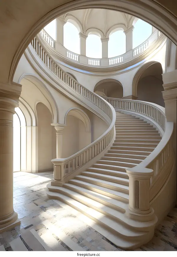 Spiral Staircase in a Grand Building with Arched Windows