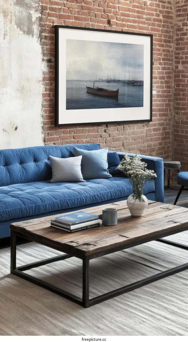 Modern Living Room with Rustic Coffee Table and Framed Artwork