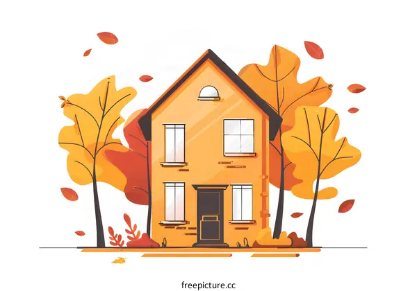 Yellow House Illustration With Autumn Trees