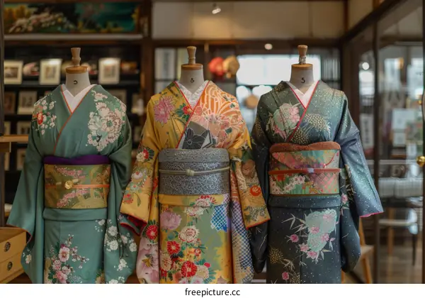Three traditional Japanese kimono with floral patterns displayed on mannequins in a store