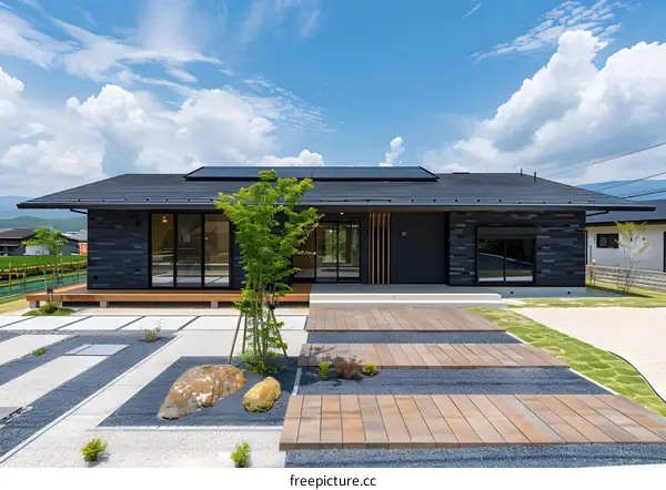 Modern Japanese Home With Stone Exterior And Wooden Deck