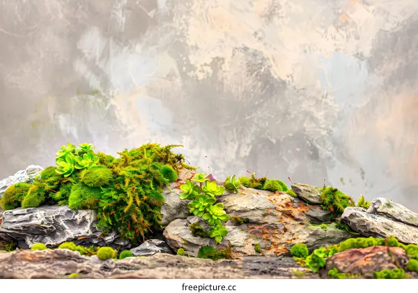 Green Moss And Rocks Against A Blurry Background