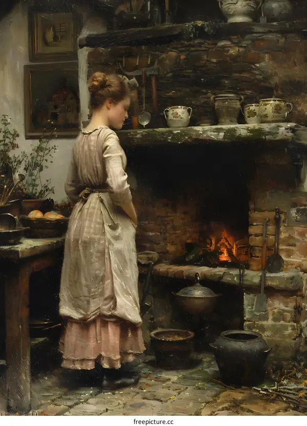 A Young Woman Standing in front of a Fireplace