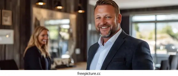 Smiling Businessman In Suit Standing In An Office