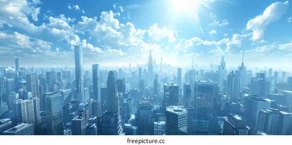Towering Skyscrapers and a Bright Blue Sky over a Metropolis