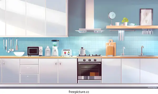 Modern Kitchen Interior Design with Blue Tile Backsplash