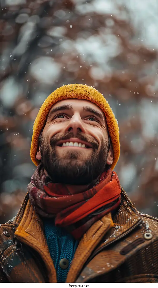 Man Looking Up at Snowfall in Winter Wonderland