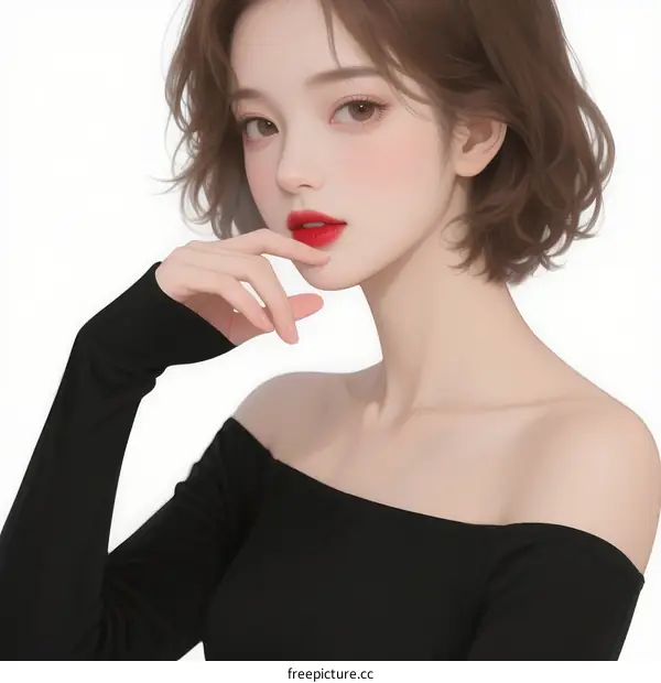 Young woman with short wavy hair and red lips wearing black off-shoulder top