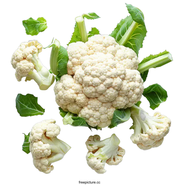 [Transparent Background PNG]White cauliflower florets and green leaves on black background