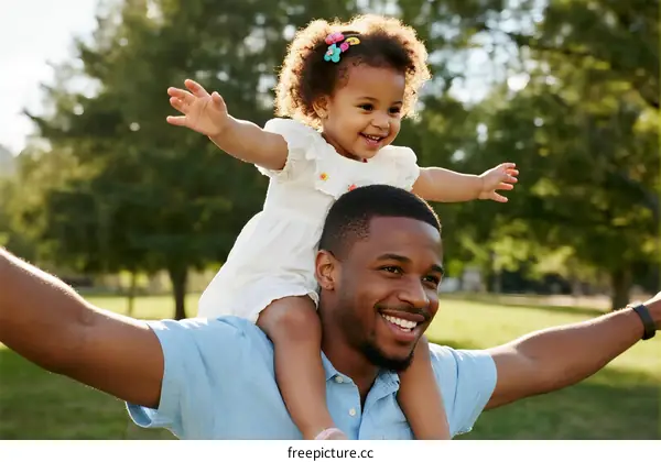 Father carrying little girl on shoulders in park enjoying sunny day