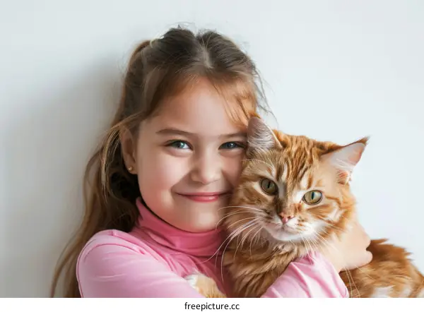 portrait of a happy smiling girl hugging an orange cat