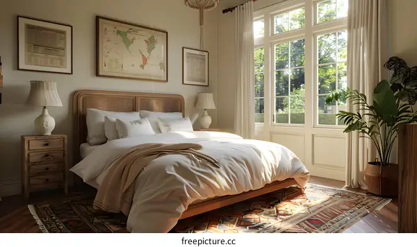 Bedroom with Bed Windows Carpet Plants and Furniture