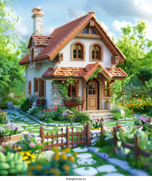Charming Cottage House with Blooming Flowers and Serene Garden