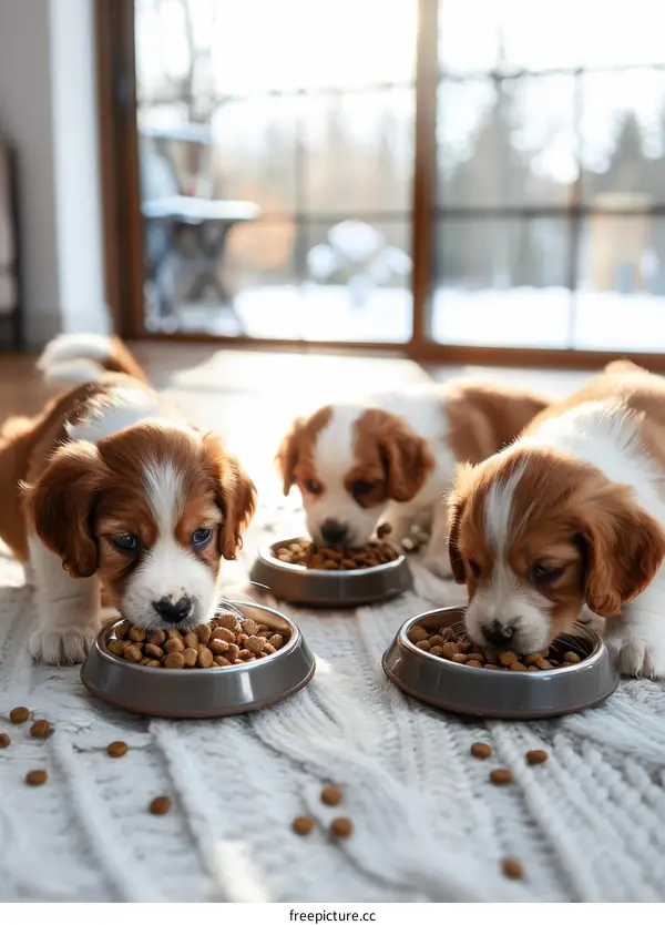 Three adorable puppies eating their food from bowls