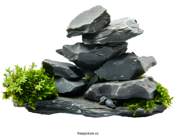 [Transparent Background PNG]Black Slate Stones and Green Moss Arrangement