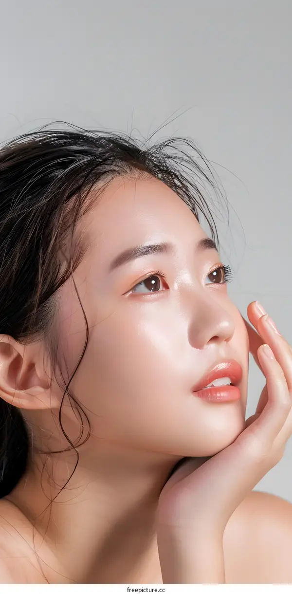 Closeup Portrait of Young Asian Woman with Soft Skin and Long Black Hair