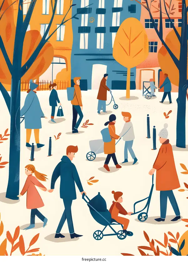 Autumn City Park Illustration with Families and People Walking