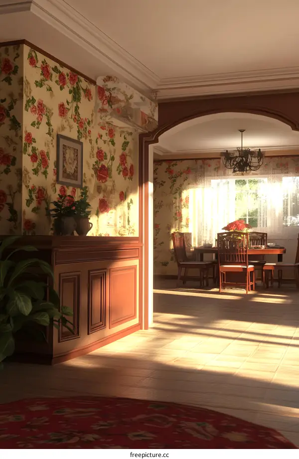 Sunlit Interior Design with Floral Wallpaper and Wooden Paneling