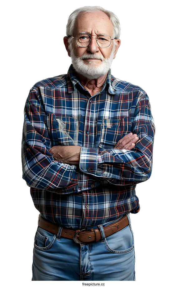 [Transparent Background PNG]Portrait of a serious-looking elderly man with glasses and a plaid shirt
