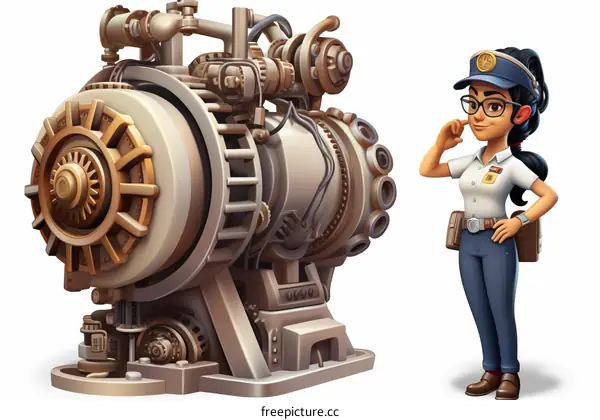 Female Engineer in Uniform Standing by Steampunk Machine