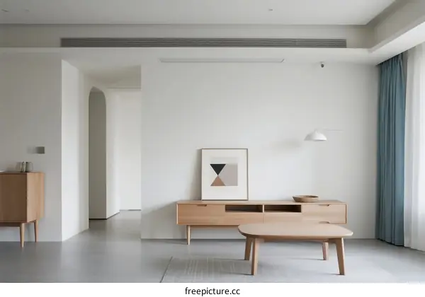 Minimalist modern living room with simple furniture and neutral tones