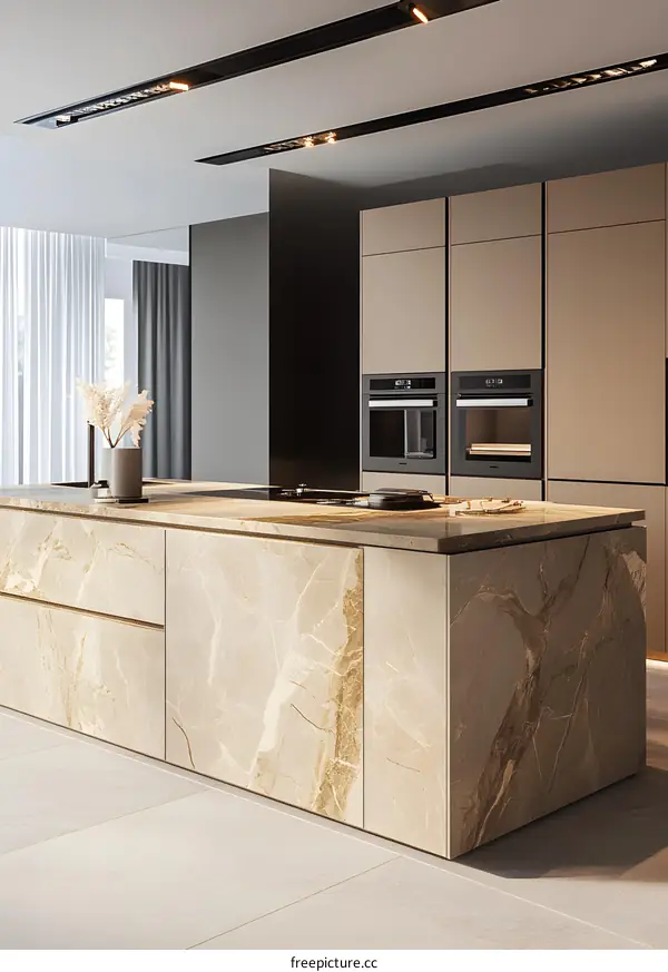 Modern Kitchen Island With Marble Countertop And Integrated Appliances