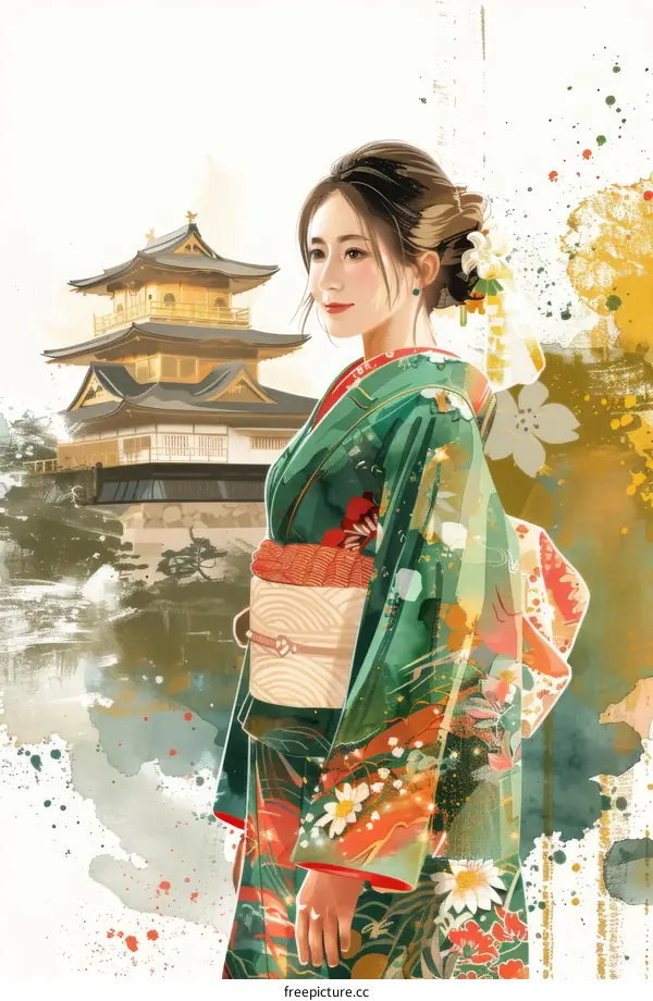 Japanese Woman in Traditional Kimono in Front of Golden Pavilion