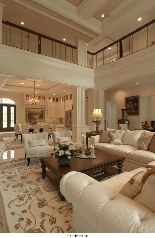 Elegant Two Story Living Room With Balcony