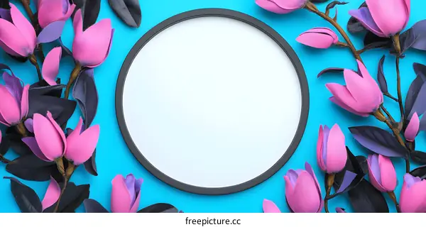 Pink Flowers Around a Blank Round Frame on Blue Background