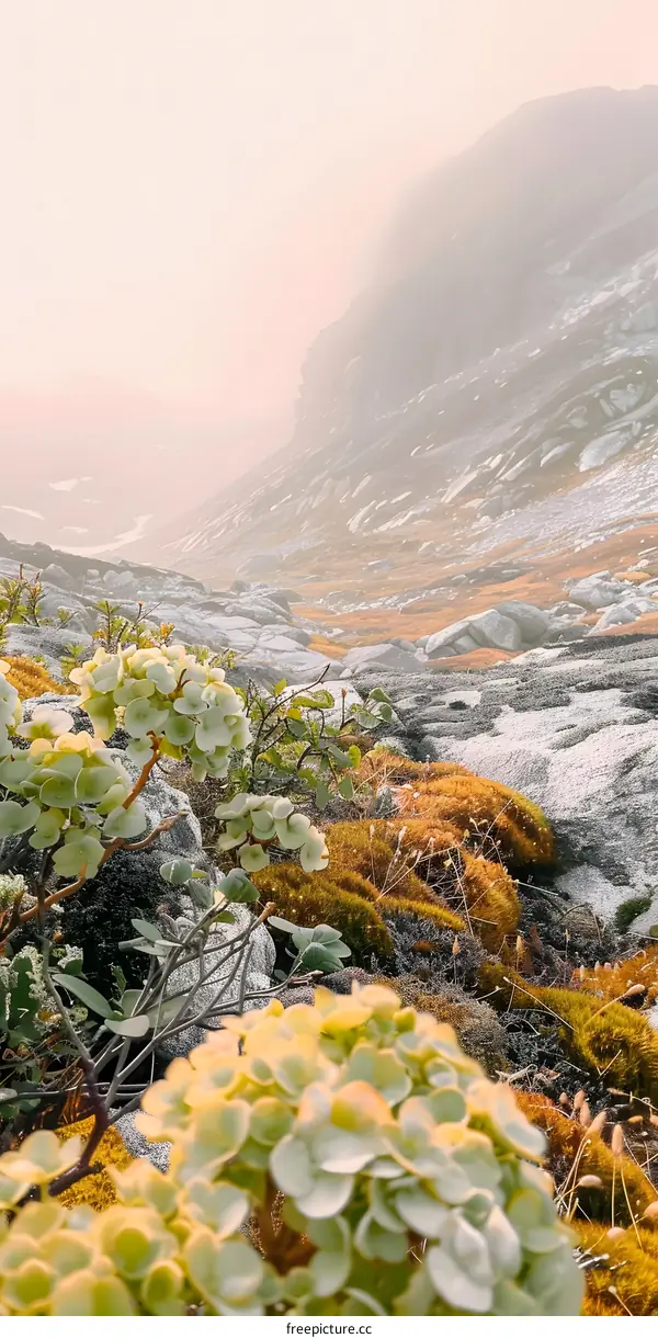 Mountain Landscape with Fog and Green Plants
