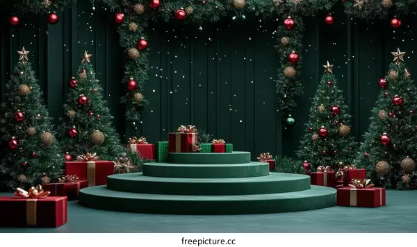 Christmas Scene with Gift Boxes and Christmas Trees